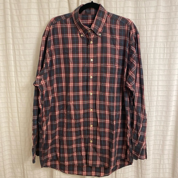 burberry men shirt Large Button Up Red Blue Gray Collared Office - Picture 1 of 5